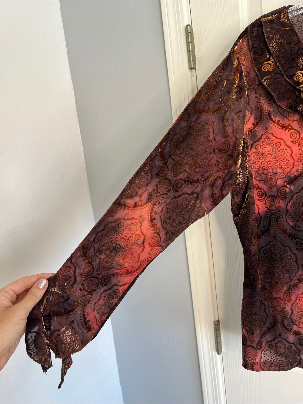 Vintage velvet burnout ruffle long sleeve blouse tie dye autumn damask 2X - Picture 6 of 8